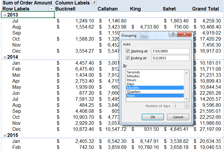 Grouping Excel PivotTable Data by Month Then Years